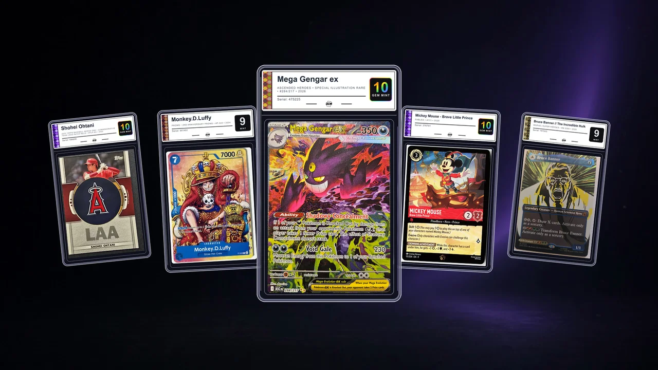 Pokémon, baseball, One Piece, Lorcana and Magic cards with DCM Heritage labels